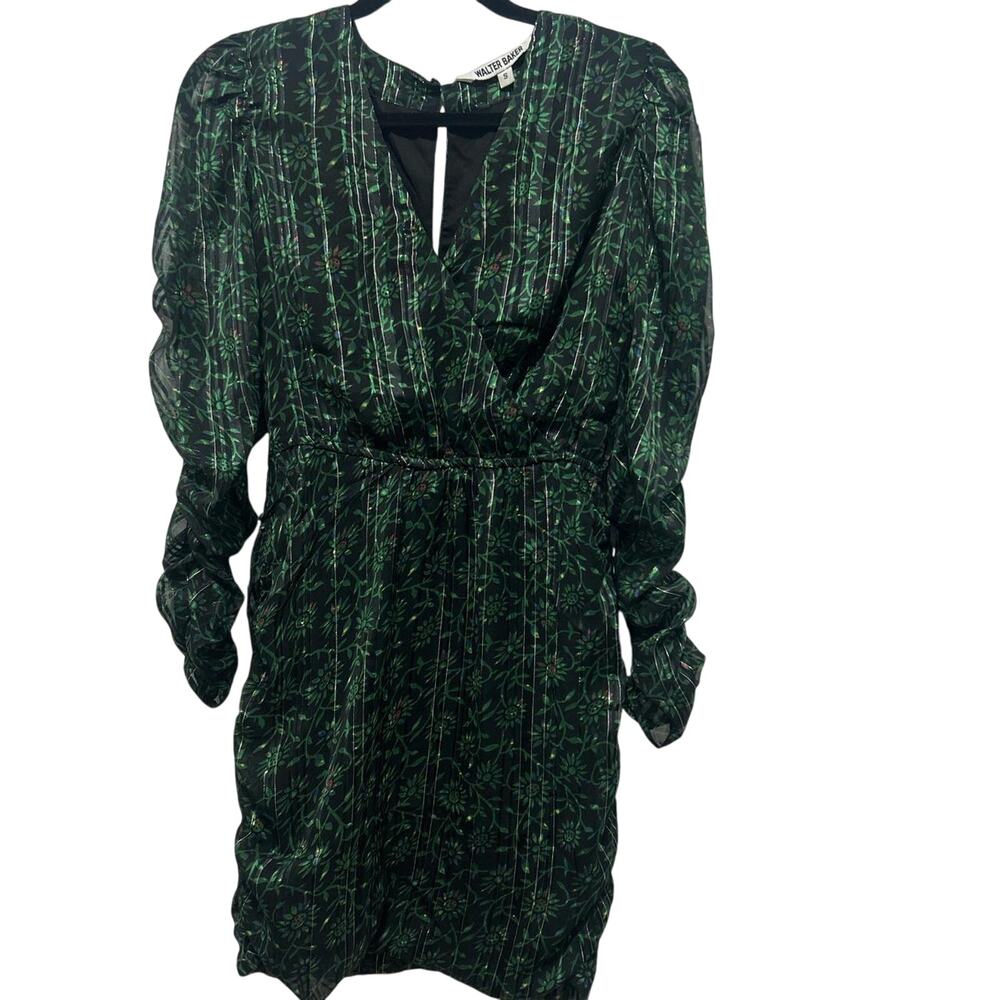 Walter Baker Green Floral Shimmer Long Sleeve Lined Fall Holiday Mini Dress S